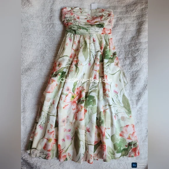H&M Tie-back Bandeau Dress Midi Floral White/flowers Bnwt!! - Picture 4 of 16